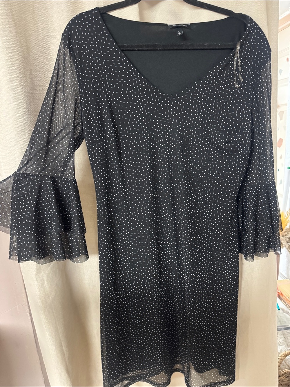 Black Polka Dot V-Neck Bell Sleeve Dress